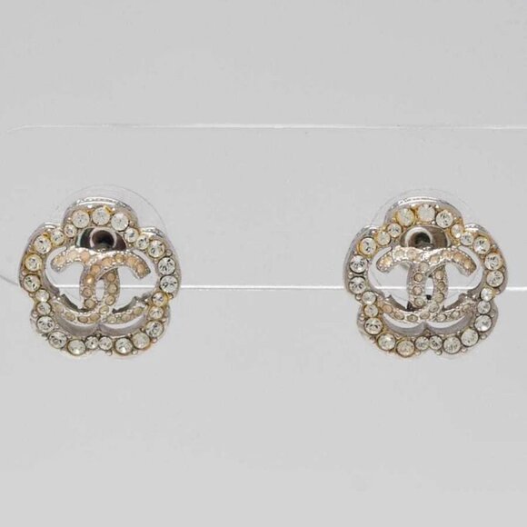 Chanel Silver Metal Crystal Camellia Flower Stud Earrings - Picture 1 of 5